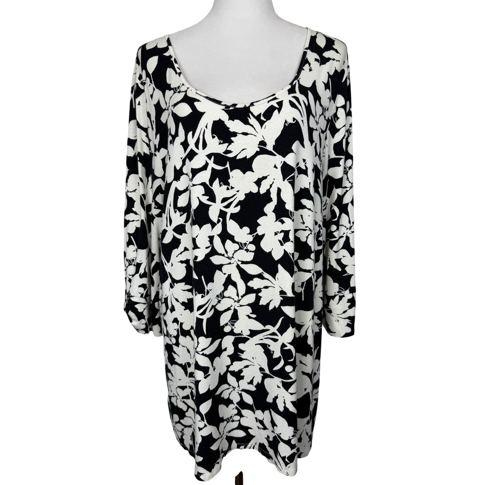 J. Jill Women Rayon Tunic XL Black Floral Wearever Scoop Neck 3/4 Sleeve Top